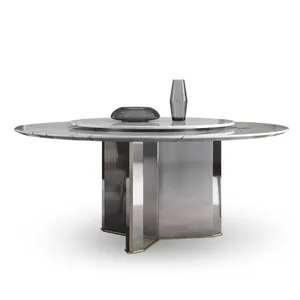 Meja Makan bulat cermin hitam titanium dasar semanggi