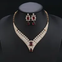 Magnifique Ensemble Collier et Boucles d'Oreilles en Zircon Cubique Blanc, Rouge, Vert, Plaqué Or Vintage, pour Mariage et Soirée Femme, 2 Pièces CN11227