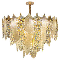 Lustre moderne en verre et acier inoxydable, suspension LED en forme de feuille et goutte de pluie en cristal pour salle à manger et chambre à coucher