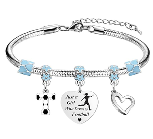 Braccialetto Personalizzabile in Acciaio Inox con Ciondolo a Forma di Pallone da Football per Ragazze, con Incisione 'Just a Girl Who Loves Football' - Product Image 1