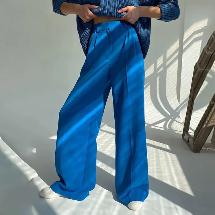 Groothandel 2022 Lente Nieuwe Europese En Amerikaanse Forens Hoge Taille Losse Klein Blauw Casual Broek Drape Dweilen Broek