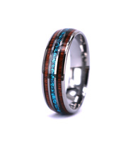Bague en bois opale de feu bleue hawaïenne et Koa, argent tungstène, bande de 8mm
