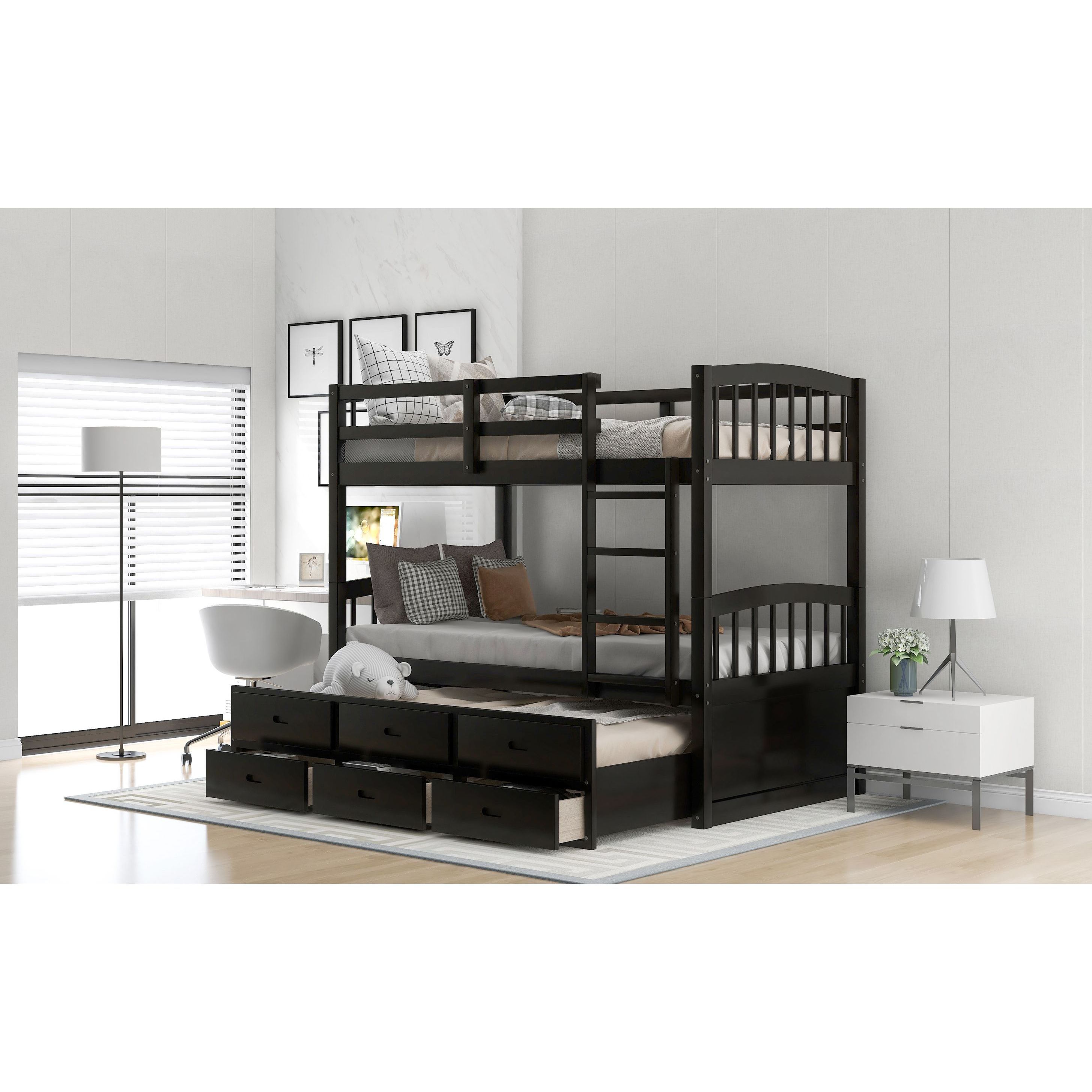 modern pine wood panel twin over twin bed