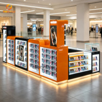Vitrine de présentation de téléphones portables en verre avec éclairage LED orange personnalisé pour kiosque de centre commercial, présentoir d'accessoires numériques pour la vente au détail
