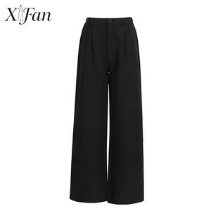 Pantalon de costume droit taille haute noir uni pour femme, 100 % polyester, respirant et séchage rapide, vente en gros - Product Image 1
