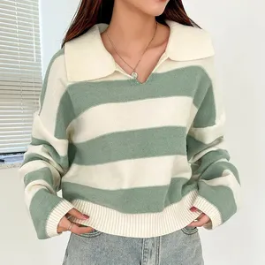 Suéter longo de malha listrado, para mulheres, 12gg, manga comprida, larga, casual