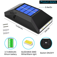 Lampe murale LED solaire étanche IP65, éclairage extérieur haut et bas, 6 LED super lumineuses, pour jardin, cour, décoration domestique, Alison