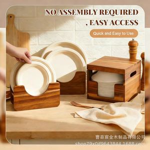 Wooden Paper <b>Plate</b> Holder Square Desktop Storage <b>Rack</b> With Lid Easy To Use For Tableware - Product Image 1