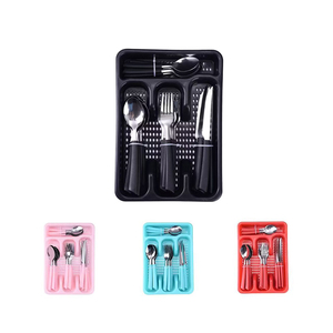 Thiết kế mới thép không gỉ <span class=keywords><strong>Flatware</strong></span> xách tay nhựa ngoài trời xử lý lớp phủ chống trượt bạc thiết lập dao kéo với hộp - Product Image 1