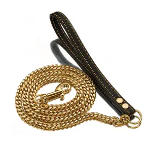 Pet Leashes Manufacturers Stainless Steel Hands Free Heavy Duty Strong Leather Gold Dog Leash