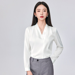 White Long Sleeve Chiffon V Neck Blouse Women Solid Color Commuting Shirt Polyester Fabric - Product Image 4