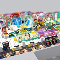 Équipement de terrain de jeux intérieur commercial PAGODA, structure d'escalade avec trois toboggans bleus, tour en forme de baril, toboggan spiralé, bac à sable pour enfants FEC