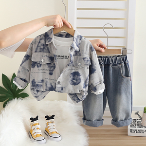 Ensemble de vêtements 3 pièces pour garçon de haute qualité veste en jean lettre teinte par cravate et chemise en jean en gros pour les enfants - Product Image 4