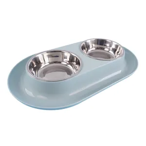 Edelstahl Metall 2-in-1 Trinknapf Luxus Haustierschalen moderne Farbe Gummi-Silicone-Matte Reisen Katze Hundnapf