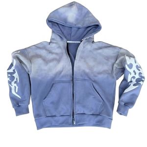 Sudadera con capucha y cremallera para hombre, de algodón grueso, estilo streetwear Y2K grunge, con lavado ácido, efecto descolorido por el sol, estampado tribal y logotipo personalizado. - Product Image 2