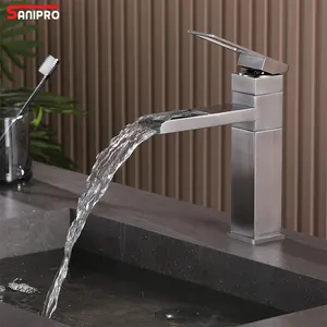 SANIPRO SS304 Brushed Nickel Single Lever Vanity Bathroom Sink Mixer Tap Hot Cold 360 Degree Swivel Basin Waterfall Faucet