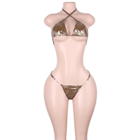 Bikinis deux pièces sexy en cuir effet mouillé avec détails métalliques ajourés, soutiens-gorge string, tenues pour club, Bottle Girl, adultes, festivals, raves et boîtes de nuit