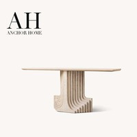 Table minimaliste sophistiquée en travertin beige avec piétement central rainuré en cascade pour salon, pièce maîtresse, personnalisable OEM