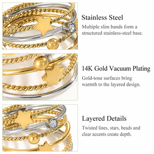 แหวนดาวซ้อนกัน สแตนเลสสตีล ชุบทอง 14K แบบสุญญากาศ หลายสี หลายวง ประดับลูกปัดและแหวนใส - Product Image 5