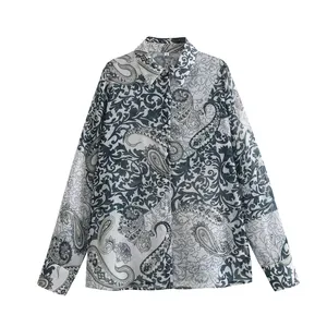 Basic design turn down collar multi color printed long sleeve ladies fashion blouse & shirts