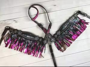 Metallic Pink Galaxy Fringe Tack set Headstall & Breastplate flecos Cuero de vaca Inglés Productos de carreras de caballos de la India - Product Image 2
