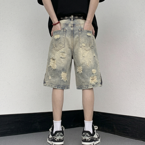 Shorts en jean déchirés pour hommes, style streetwear, coupe ample, délavé clair, pantalon décontracté d'été TKAN826 - Product Image 2