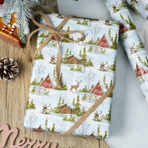 MAYPLUSS Christmas <b>Wrapping</b> <b>Paper</b> 17 In X 33 Ft Watercolor Reindeer Cabin Design Eco-Friendly Gift Wrap Craft Use - Product Image 2