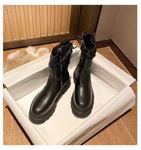 Mode à lacets femme <span class=keywords><strong>mi</strong></span>-<span class=keywords><strong>mollet</strong></span> <span class=keywords><strong>bottes</strong></span> Vintage bout rond en <span class=keywords><strong>cuir</strong></span> noir côté fermeture éclair plate-forme femmes <span class=keywords><strong>bottes</strong></span> de motard - Product Image 6