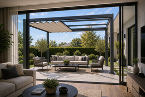 ศาลาพักผ่อนแบบติดผนัง รุ่น RK-E2 ซีรีส์ E ของ Relax Courtyard หลังคาเปิด-ปิดได้ ทำจากอะลูมิเนียม พร้อมฉากกั้นเพิ่มความเป็นส่วนตัว แสงสว่างรอบข้าง เหมาะสำหรับสวนพักผ่อน - Product Image 5