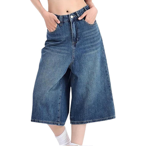 Custom Vintage <b>Y2K</b> Women High Waist 3/4 Baggy Wide Leg Denim <b>Pants</b> Summer Loose Elastic Drawstring Waist Streetwear Denim Shorts - Product Image 4
