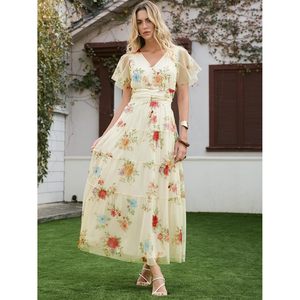 Vestido largo floral de verano para mujer, cuello en V, manga corta, línea A, cintura imperio, tul, para playa, vacaciones, fiesta - Product Image 2