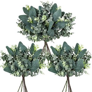 20 pièces de feuilles d'eucalyptus ovales artificielles mélangées avec des tiges de graines blanches pour la décoration de plantes vertes de mariage de bouquet de guirlande - Product Image 1