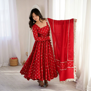 Red Floral Embroidered Indian Pakistani Anarkali Set Long Sleeve Dress with <b>Shawl</b> for <b>Wedding</b> Festival Wear - Product Image 1