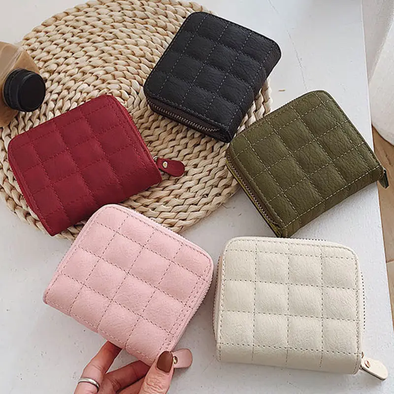 Women Fashion Small Zipper Wallet with Coin Purse PU Leather Plaid Purses Ladies Cute Mini Korean Version Small Mini Card Wallet