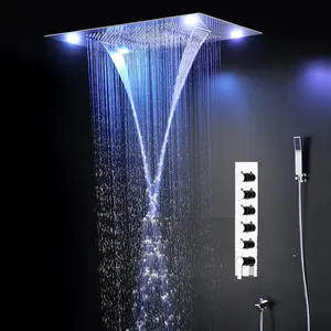 Banyo termostatik musluk duş 304 paslanmaz çelik yağış SPA Mist şelale LED kare duş kulaklık ile duş başlığı