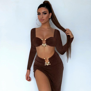 Set Autunnale da Donna <span class=keywords><strong>con</strong></span> Gonna Lunga e Maniche Lunghe, Abbigliamento Casual <span class=keywords><strong>con</strong></span> <span class=keywords><strong>Spacco</strong></span> <span class=keywords><strong>Laterale</strong></span> - Product Image 3