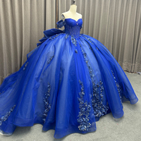 Robe de bal de Quinceañera bleu roi personnalisable, avec traîne chapelle, manches classiques, en satin, dentelle, imprimé cristal, plissée, grandes tailles