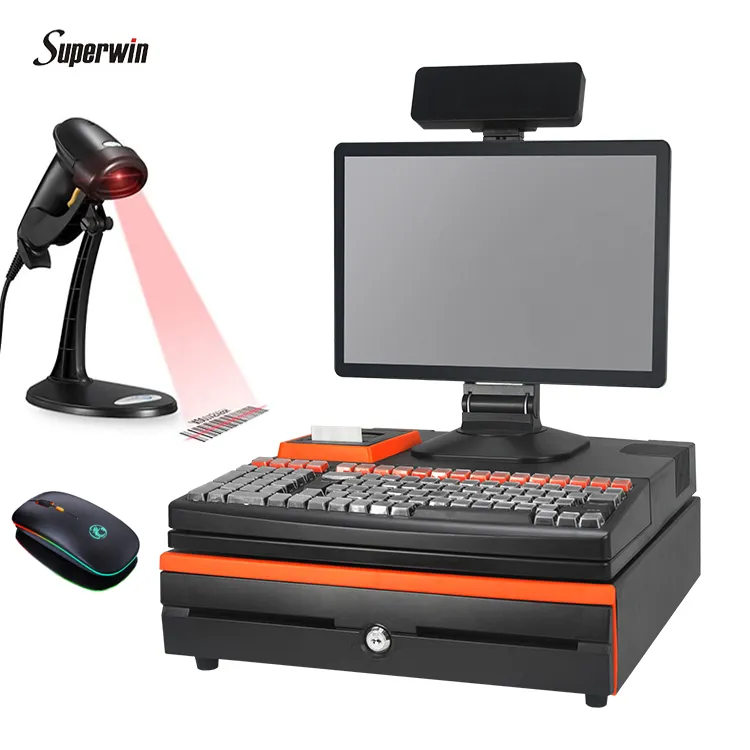 Pos Pc Imprimante à écran tactile MSR Lecteur de cartes de crédit Scanner de codes à barres Caissier Box Pos System All in One avec 58mm/80mm Business Usb