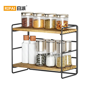 Étagère à épices Ripai en bois à double niveau, noire, sans perçage, multifonctionnelle, pour rangement de cuisine, utilisation sur bureau - Product Image 3