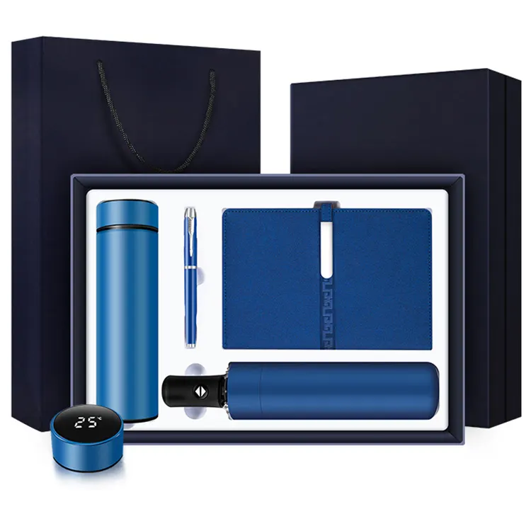 Luxury Business Promotional Gift Set Temperature Display Thermos Bottle Metal Pen Notebook Umbrella Customized Items