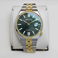 Montre mécanique automatique pour homme, bicolore or et acier, cadran guilloché vert, fond transparent, bracelet, montre-bracelet avec date