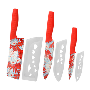 SFB96 3‑Piece <b>Kitchen</b> Knife Set Tropical Floral Printed Blades <b>Red</b> Non‑Slip Handles With Protective Blade Covers Stainless Steel - Product Image 1