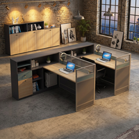 Poste de travail convertible moderne pour 2 personnes avec armoire de rangement haute, cloison en verre, écran de séparation, en MDF écologique, pour deux utilisateurs