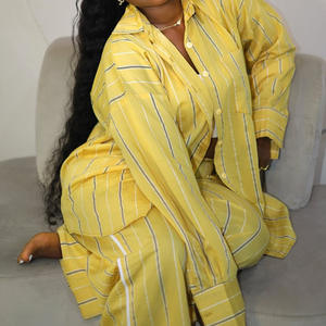 African Plus Size Women's New Casual Loose Striped Shirt <b>Pants</b> 2 Pieces Set Fashion - Product Image 1