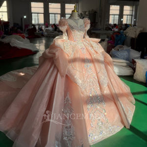 Impresionante Vestido de Quinceañera Moderno con Cuello Alto, Perlas, Lazo Imperio, Cola de Capilla, Encaje, Flores de Cristal, para XS248 - Product Image 3