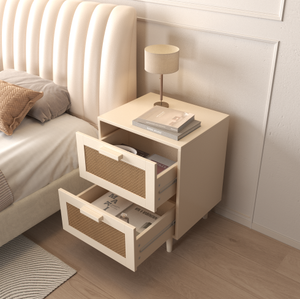 Modern <b>White</b> Natural Rattan <b>Bedside</b> Nightstand 2 Large Drawers Solid Wooden Legs Charging Station Accent End <b>Table</b> for Bedroom - Product Image 6