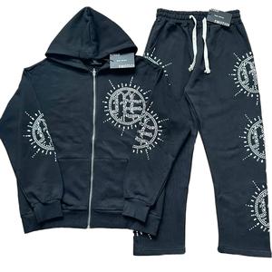 Sudadera con capucha y media cremallera de ajuste holgado para otoño, sin forro, con bordado 3D de motivos mixtos, y pantalones largos casuales de color liso. - Product Image 1