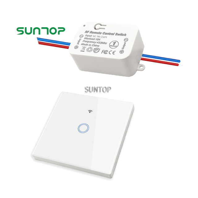 SUNTOP Wireless Touch Wall Switches RF 1gang Luxury Glass Panel Remote Control Switch Light Switch