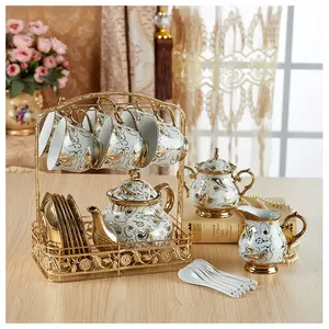 Ceramic Arabic gold tea cup set plated-gold tea set and saucer teapot milk pot sugar pot with gold stand