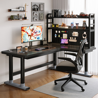 Bureau d'ordinateur d'angle en bois massif en forme de L avec étagère intégrée pour bureau à domicile, chambre de jeu ou bureau double